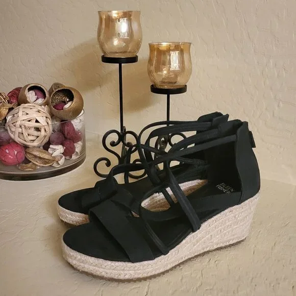 Eileen Fisher Sandals 8.5 Wedge Espadrilles Black Faux Suede Casual Comfort NWOB - Picture 2 of 10